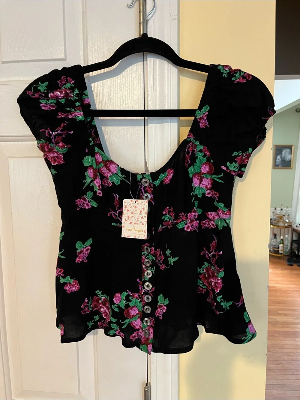 Free people puff sleeve Black Floral Button-Front Women's Top
